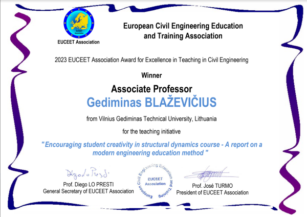 2023 EUCEET Award for Excellence in Teaching in Civil Engineering certificate awarded to Gediminas Blaževičius